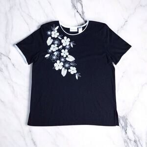 Alfred Dunner Top Womens Medium Black Floral Beaded Embroidered Casual Blouse